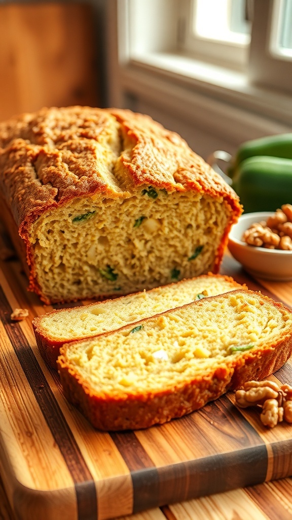 A loaf of zucchini bread sliced to show moist texture and green zucchini pieces, on a wooden cutting board with walnuts.